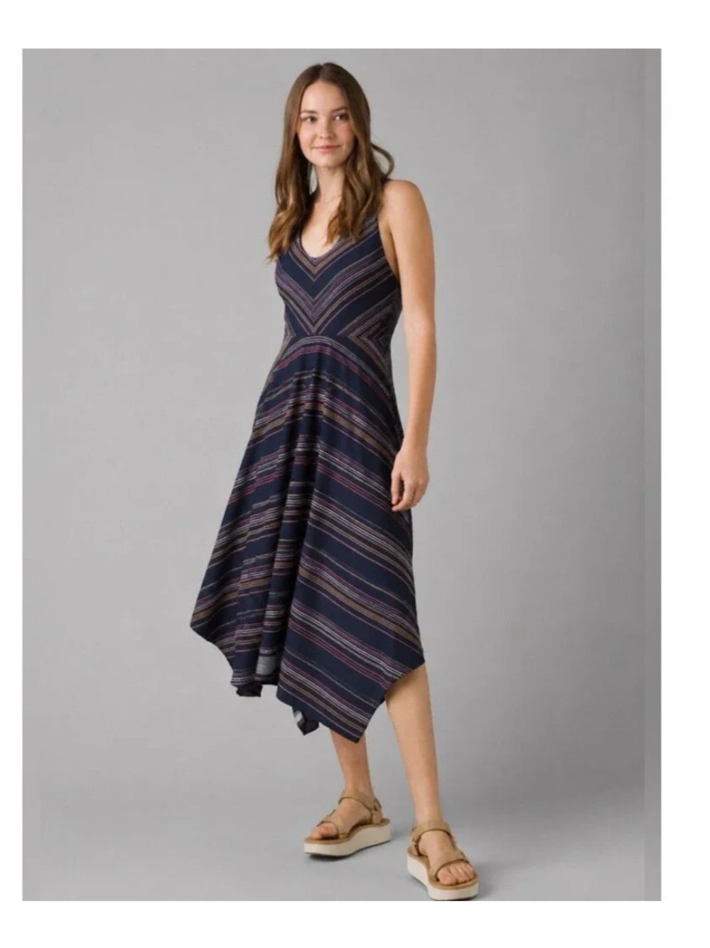 prAna Saxton Dress Sz S Navy Stripe High-Low Maxi Dress